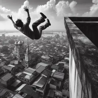 A frightened person falling from a great height, as an example of the causes of acrophobia.