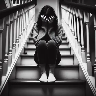 A frightened girl on a flight of stairs, as an example of a trigger for acrophobia.