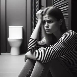 Distressed girl near the bathroom as an example of the behavioral symptoms of emetophobia.