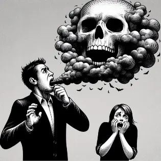 A man with bad breath scaring a woman.