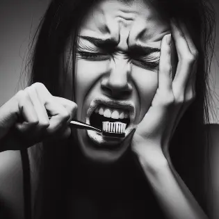 A stressed person brushing their teeth.