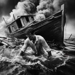 Causes of mechanophobia, a man getting out of a ship stranded at sea.