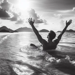 Therapy, treatment or cure for submechanophobia, a happy man swimming at the beach without fear.