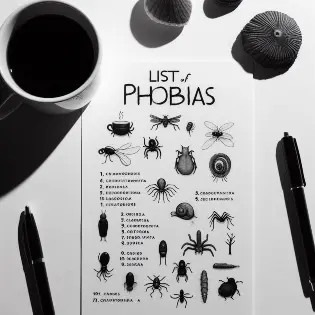 Drawing of a list of the most common or popular phobias of people.