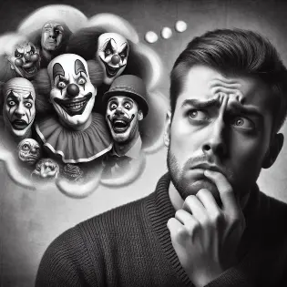 A man with fear thinking about clowns, representing the other types of phobias.