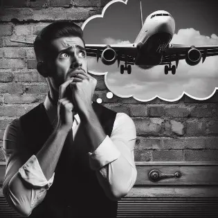 A man with fear thinking about traveling by plane, representing situational phobias.
