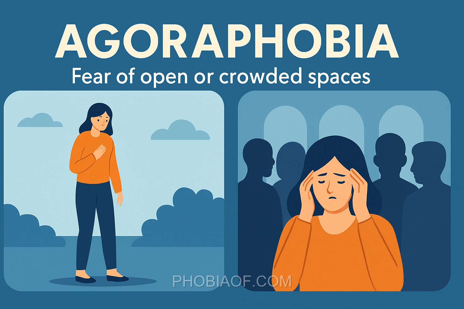 Agoraphobia - Fear of open or crowded spaces